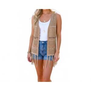 NEW AND THE WHY boho crochet fringe vest in tan